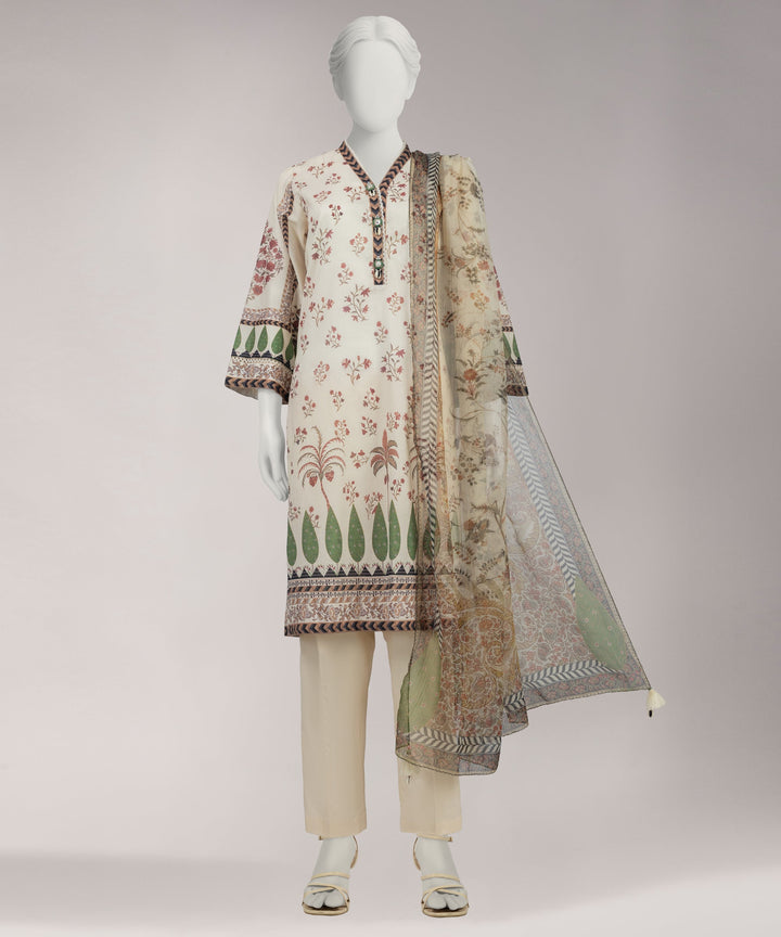 Lawn Cream Unstitched Suit - J. Junaid Jamshed