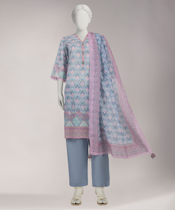 Lawn Blue Unstitched Suit - J. Junaid Jamshed