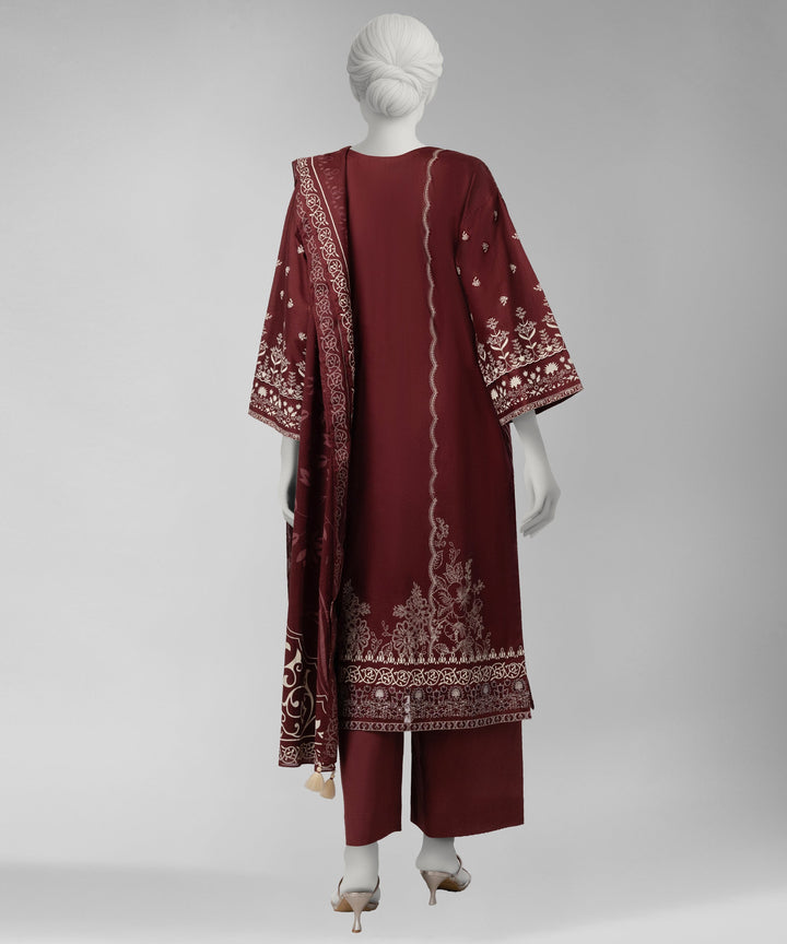 Cambric Maroon Unstitched Suit - J. Junaid Jamshed
