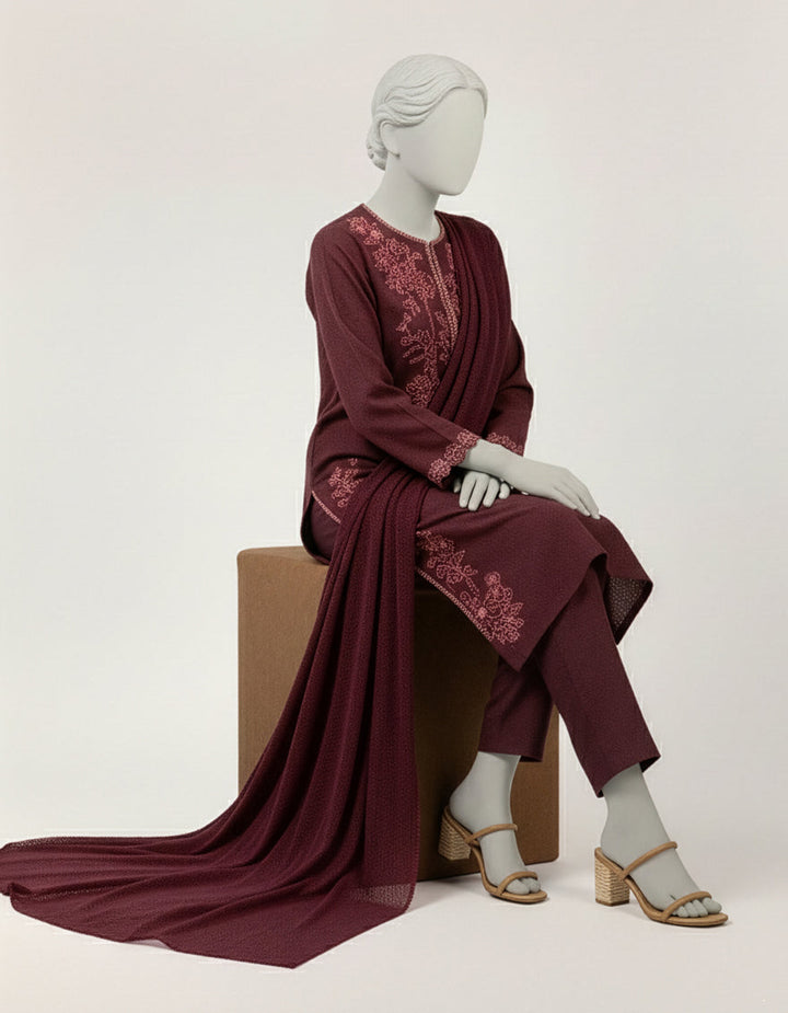 Dobby Maroon Stitched Suit - J. Junaid Jamshed
