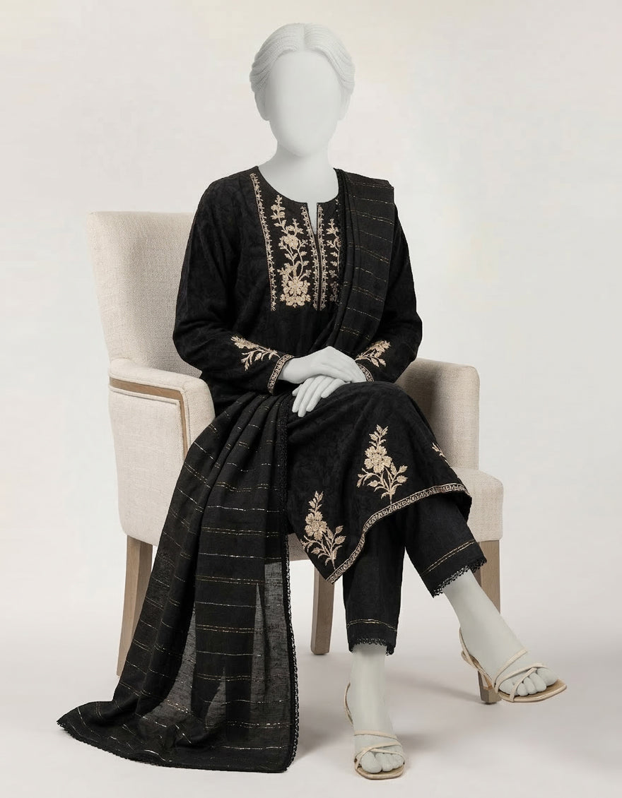 Dobby Black Stitched Suit - J. Junaid Jamshed