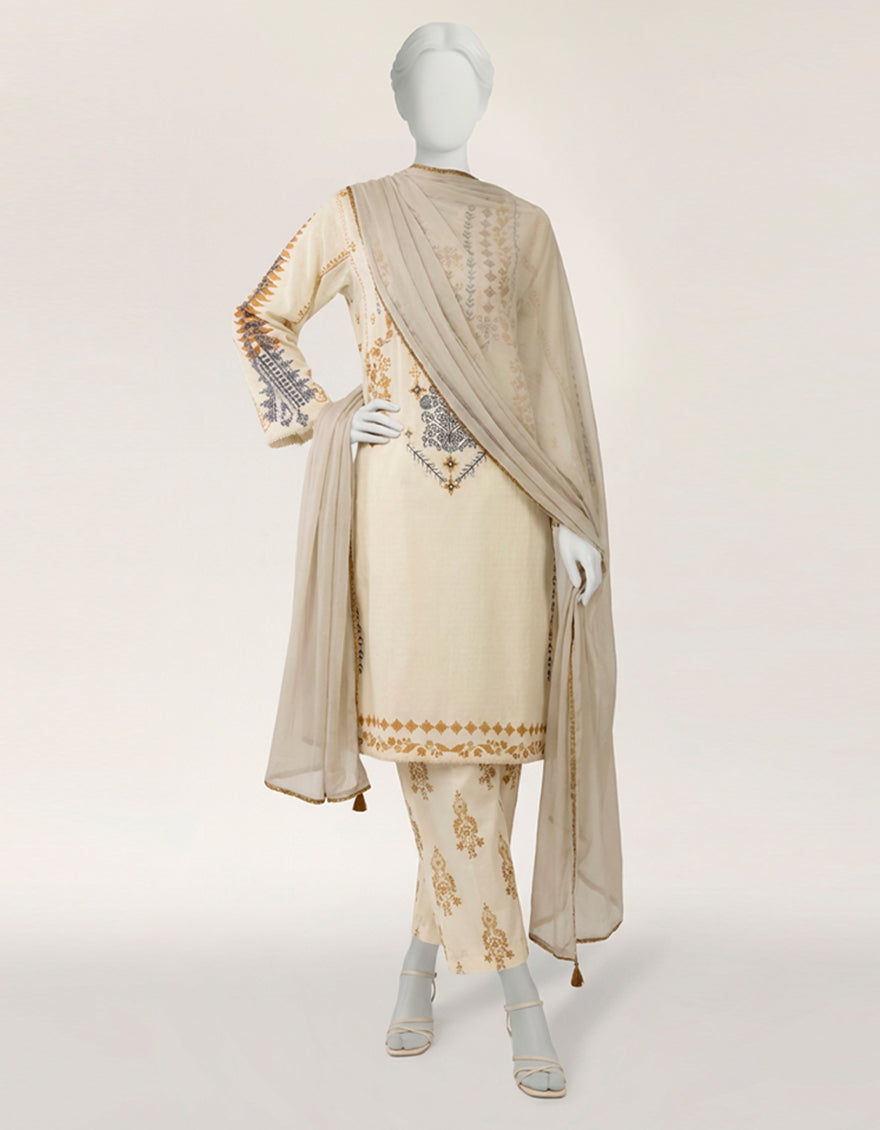 Lawn Off White Stitched Suit - J. Junaid Jamshed