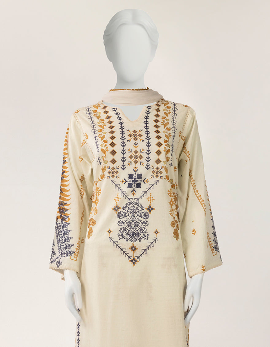 Lawn Off White Stitched Suit - J. Junaid Jamshed