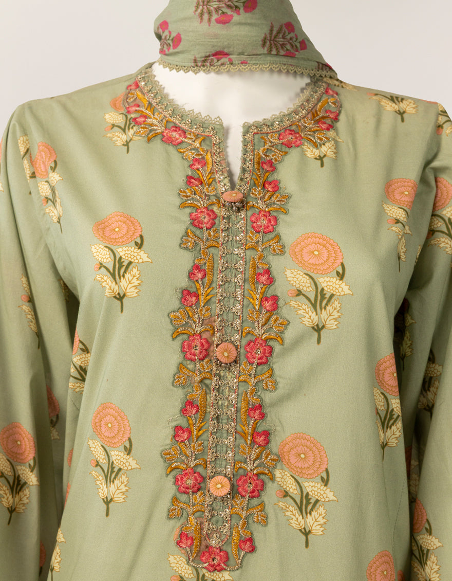 Lawn Green Stitched Suit - J. Junaid Jamshed