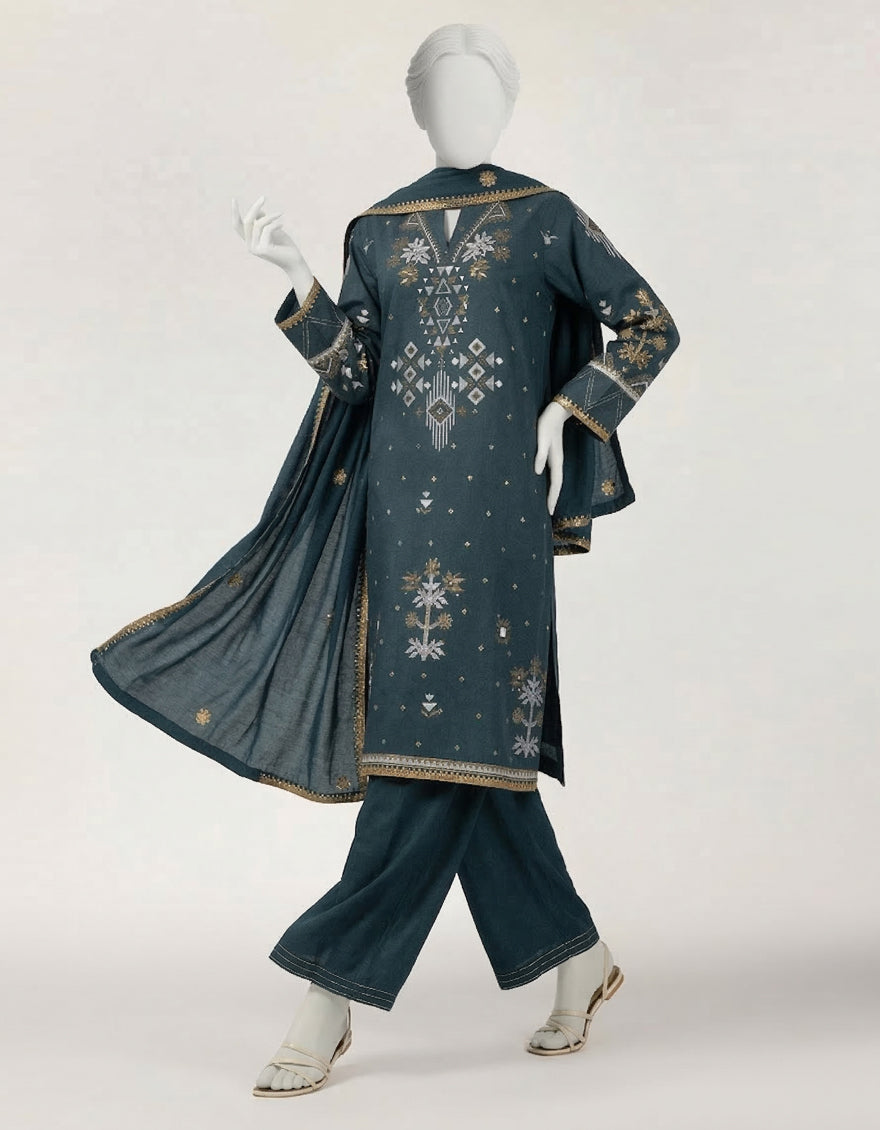 Cotton Silk Teal Stitched Suit - J. Junaid Jamshed