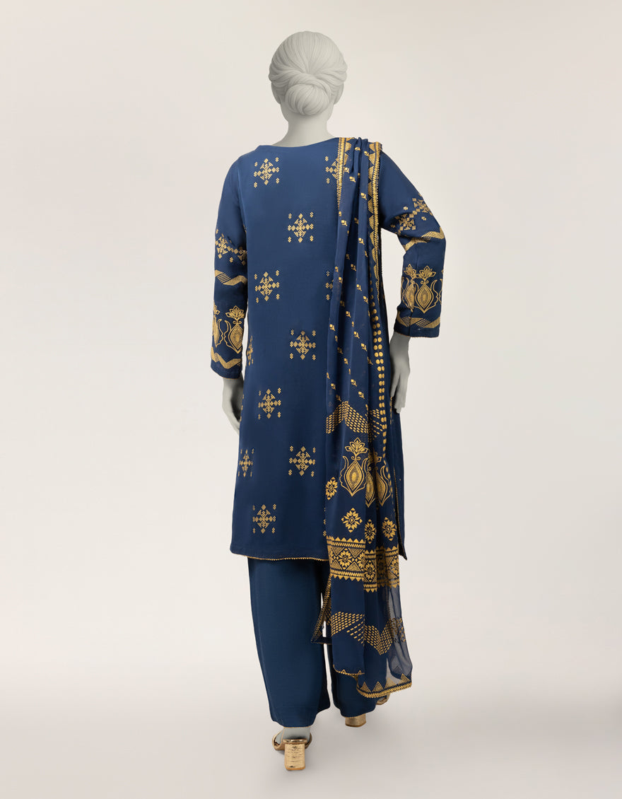 Maple Silk Blue Stitched Suit - J. Junaid Jamshed