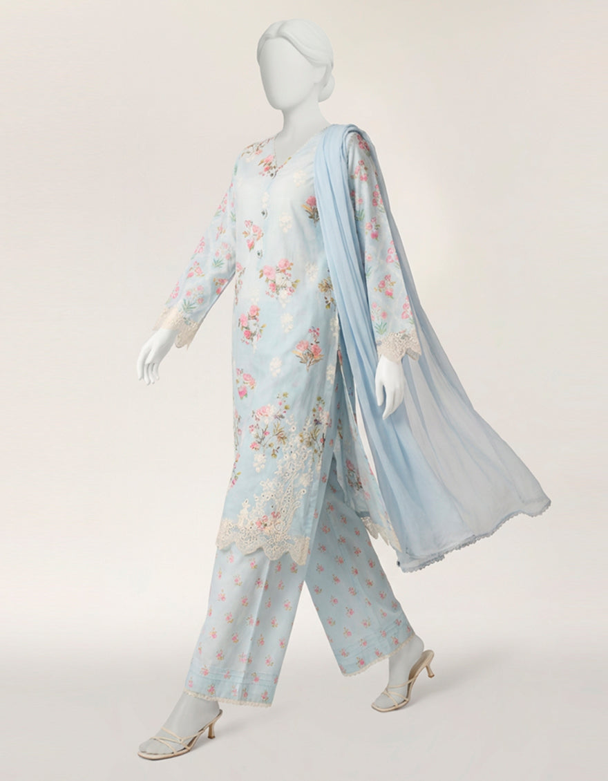 Lawn Silk Blue Stitched Suit - J. Junaid Jamshed