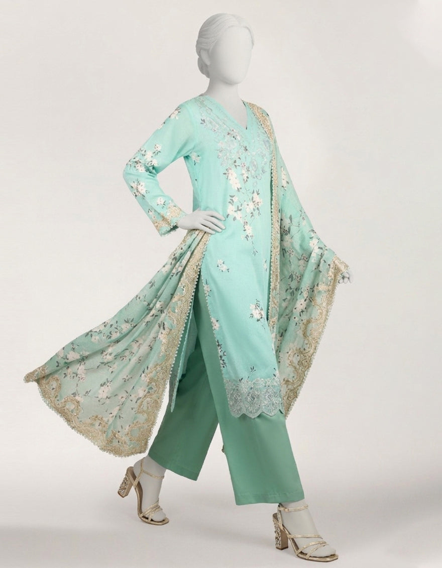 Lawn Sea Green Stitched Suit - J. Junaid Jamshed