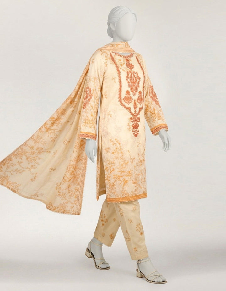 Lawn Cream Stitched Suit - J. Junaid Jamshed