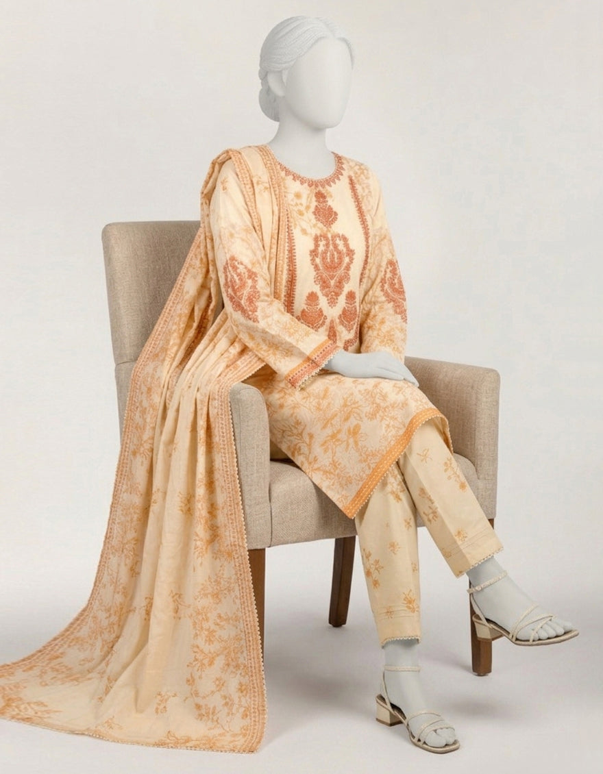 Lawn Cream Stitched Suit - J. Junaid Jamshed