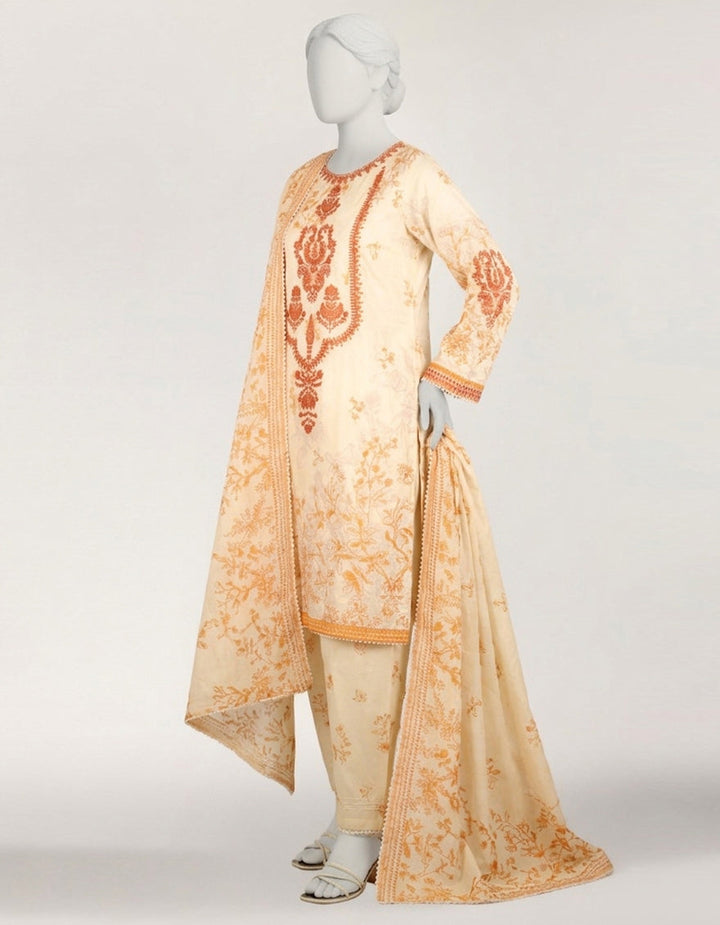 Lawn Cream Stitched Suit - J. Junaid Jamshed