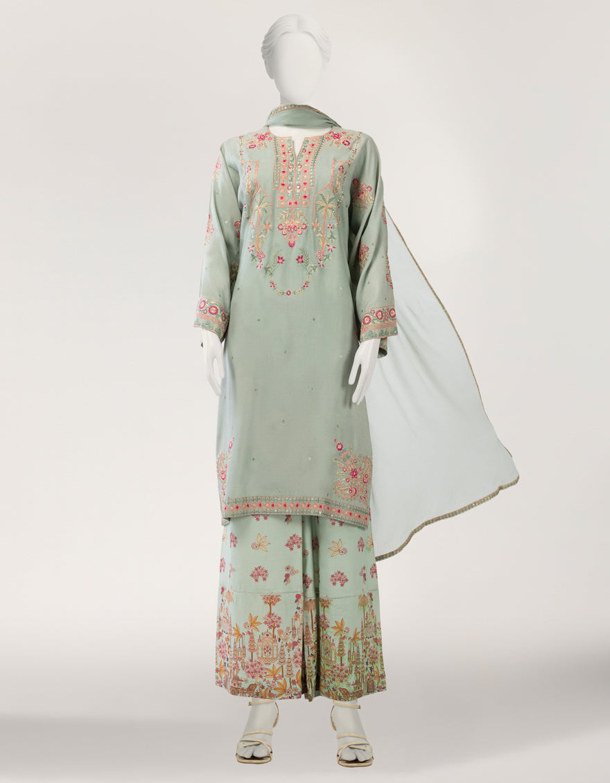 Maple Silk Green Stitched Suit - J. Junaid Jamshed