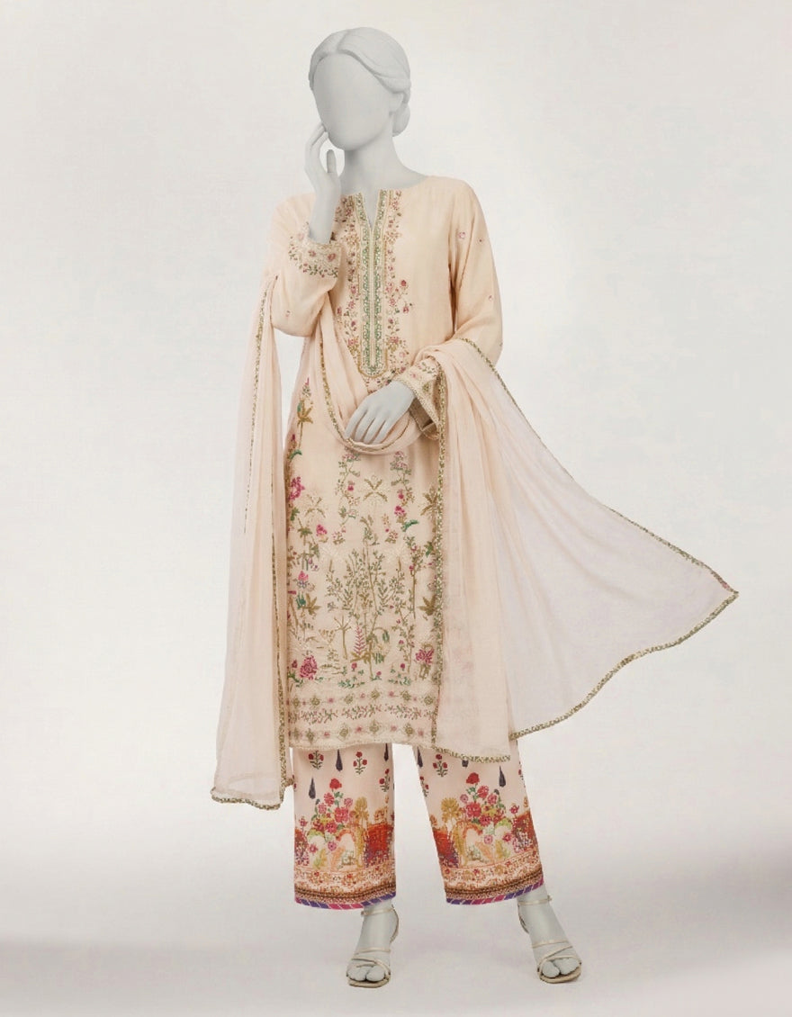Maple Silk Cream Stitched Suit - J. Junaid Jamshed