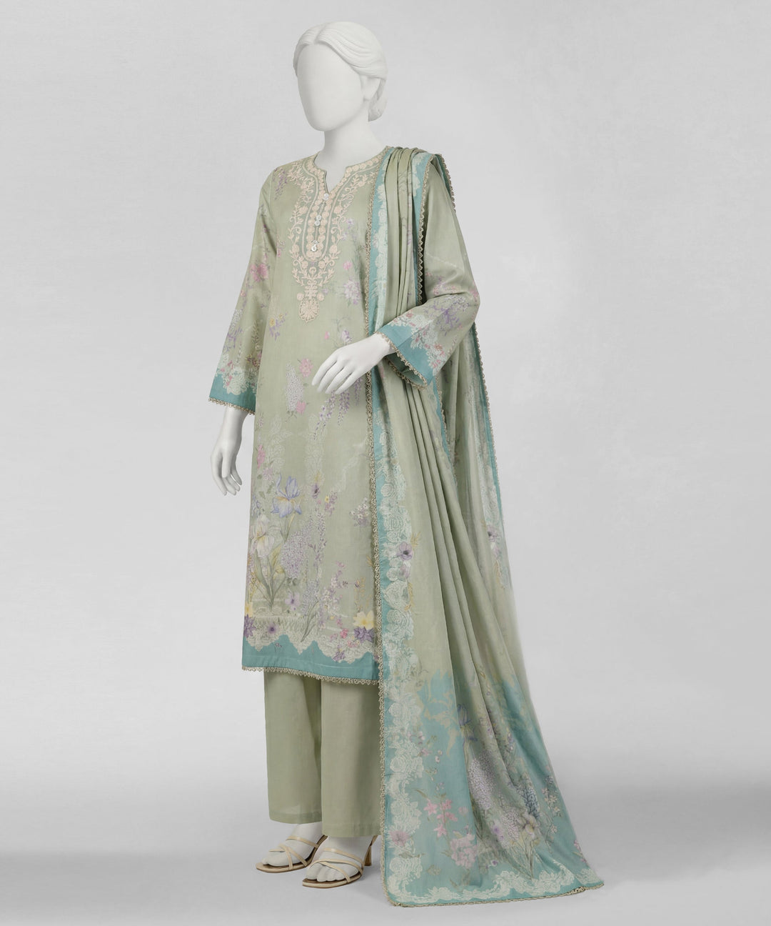 Lawn Green Stitched Suit - J. Junaid Jamshed