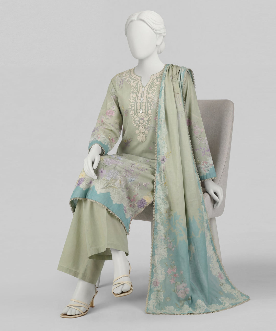 Lawn Green Stitched Suit - J. Junaid Jamshed