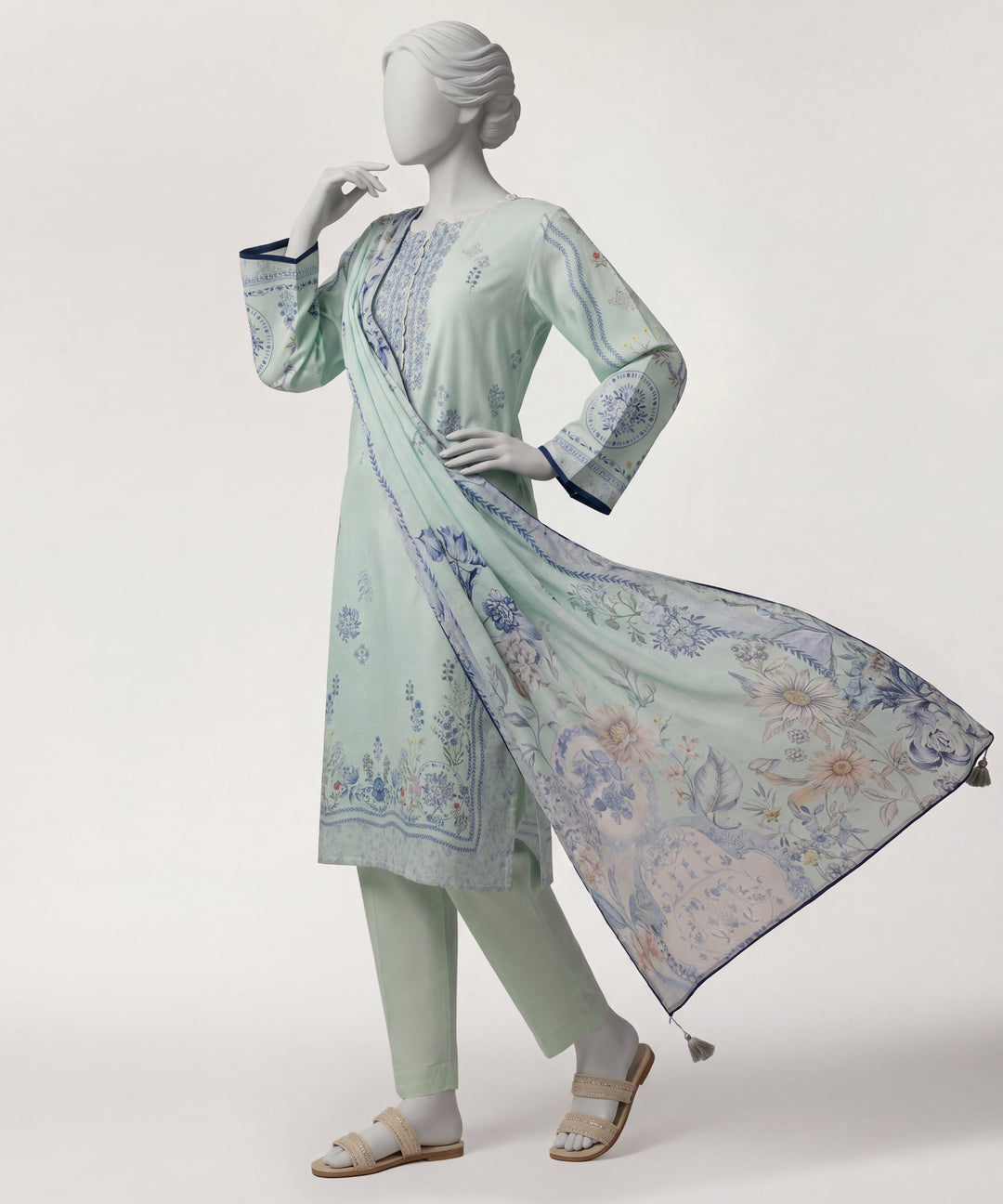 Dobby Sea Green Stitched Suit - J. Junaid Jamshed