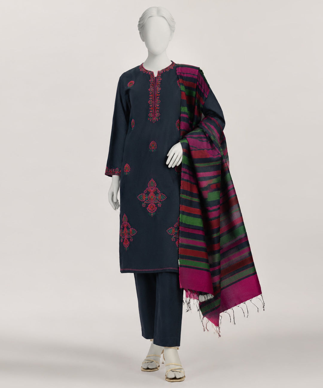 Jacquard Dark Blue Stitched Suit - J. Junaid Jamshed