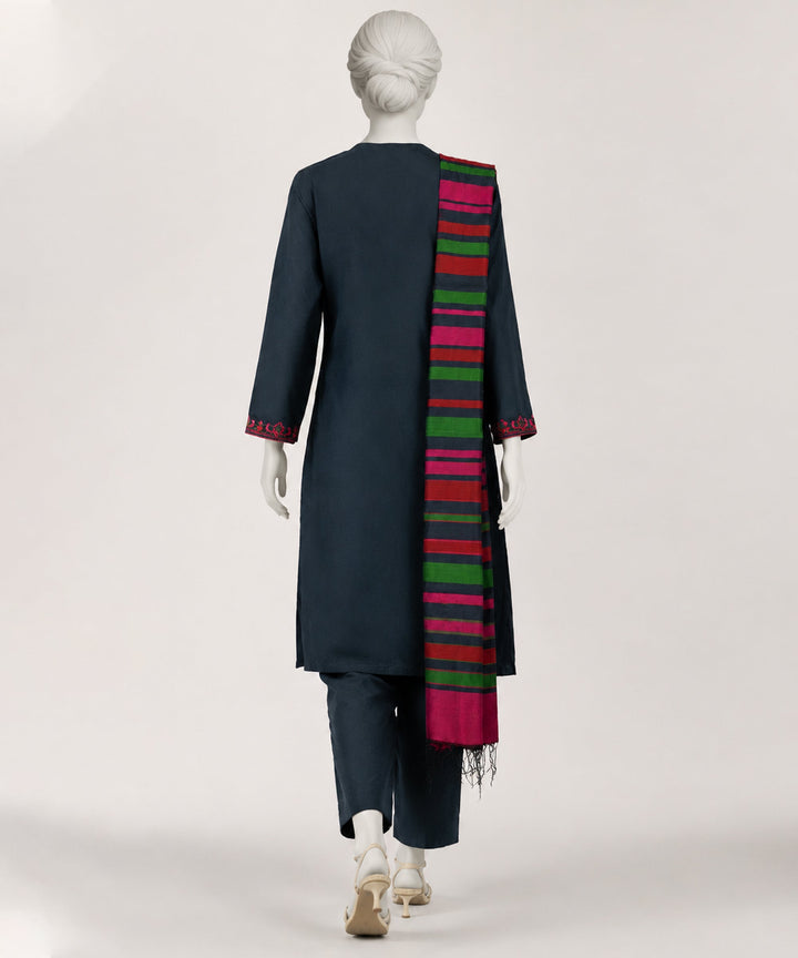 Jacquard Dark Blue Stitched Suit - J. Junaid Jamshed