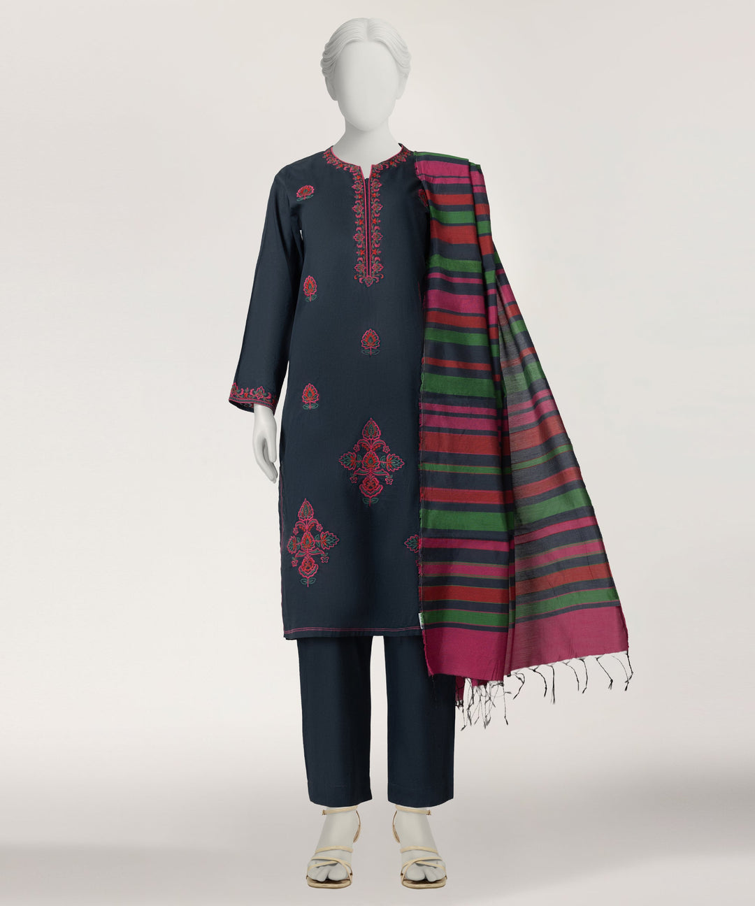 Jacquard Dark Blue Stitched Suit - J. Junaid Jamshed