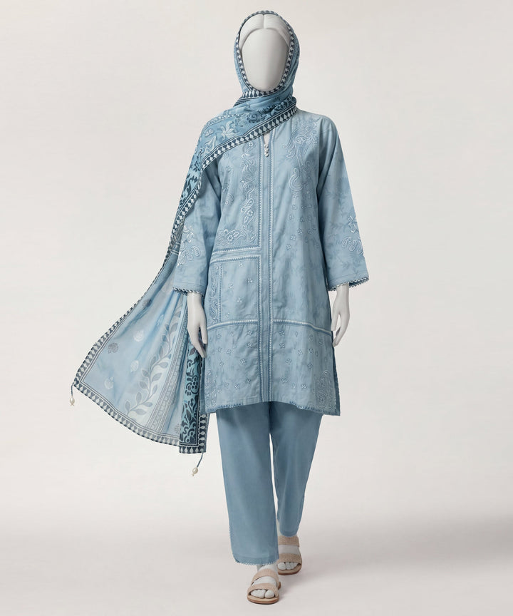 Jacquard Blue Stitched Suit - J. Junaid Jamshed