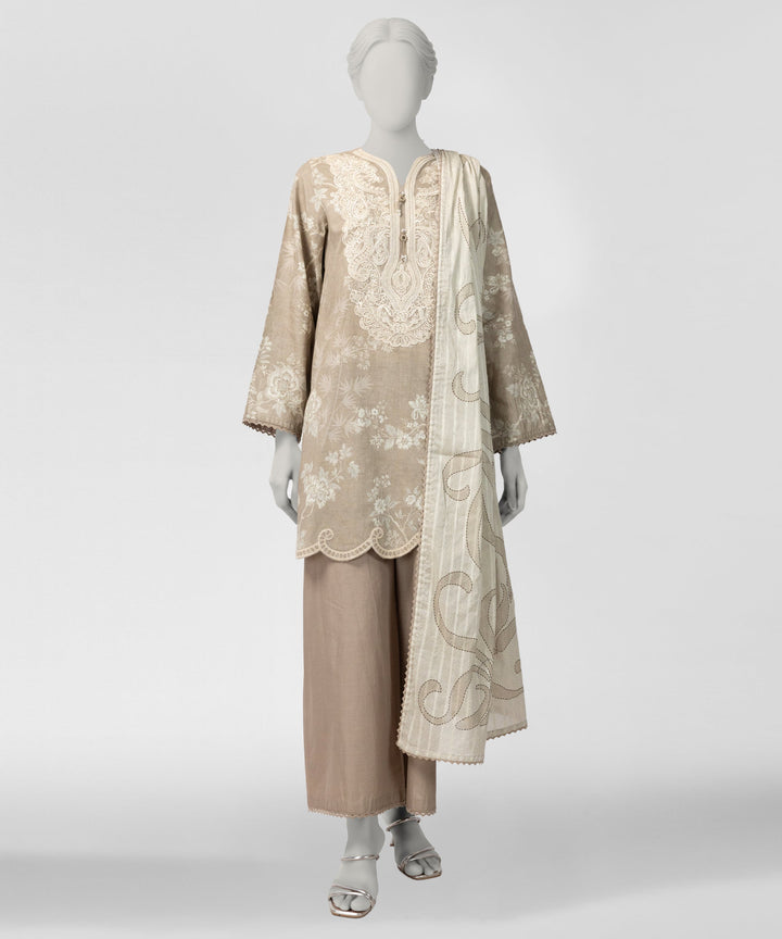 Dobby Beige Stitched Suit - J. Junaid Jamshed