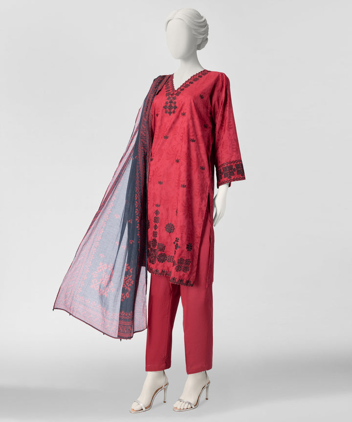 Jacquard Red Stitched Suit - J. Junaid Jamshed