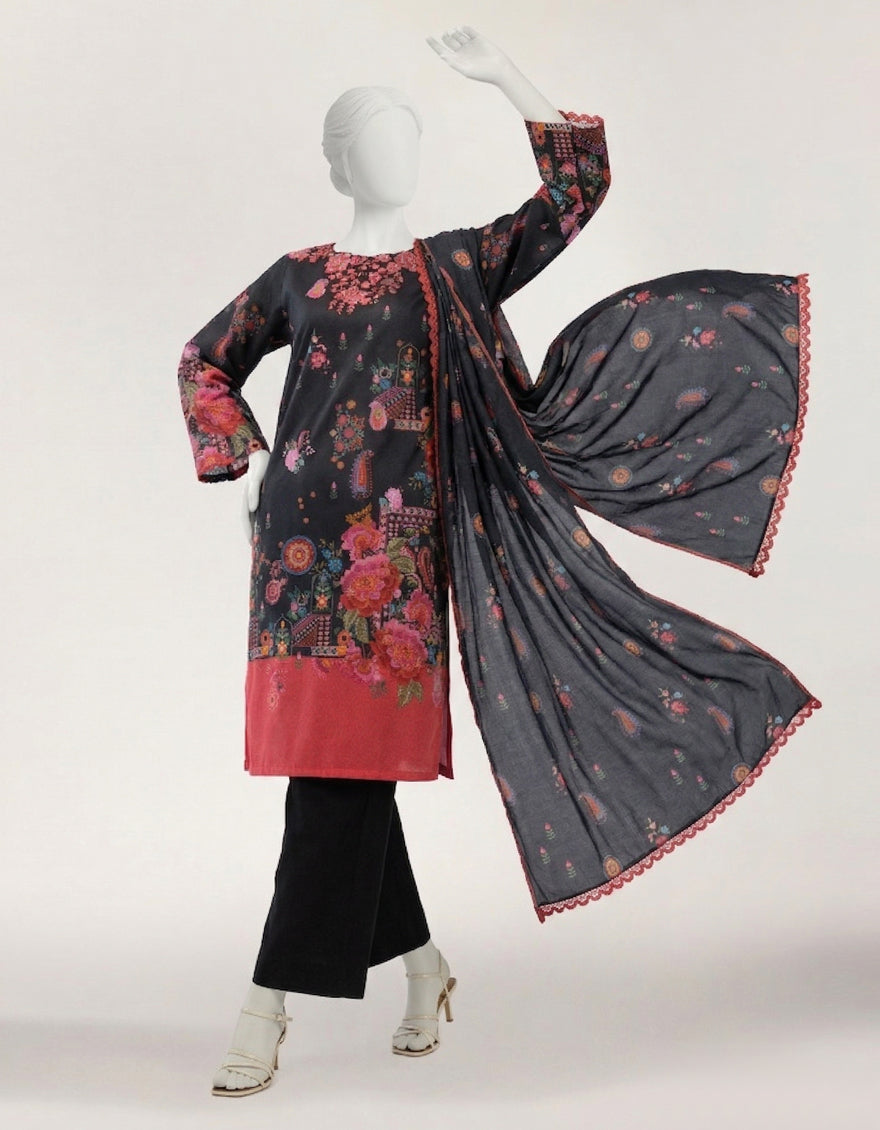 Lawn Black Stitched Suit - J. Junaid Jamshed