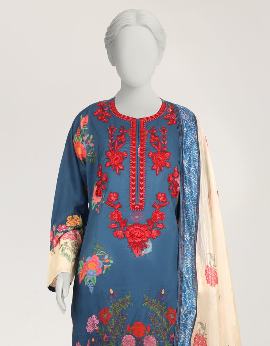 Lawn Blue Stitched Suit - J. Junaid Jamshed