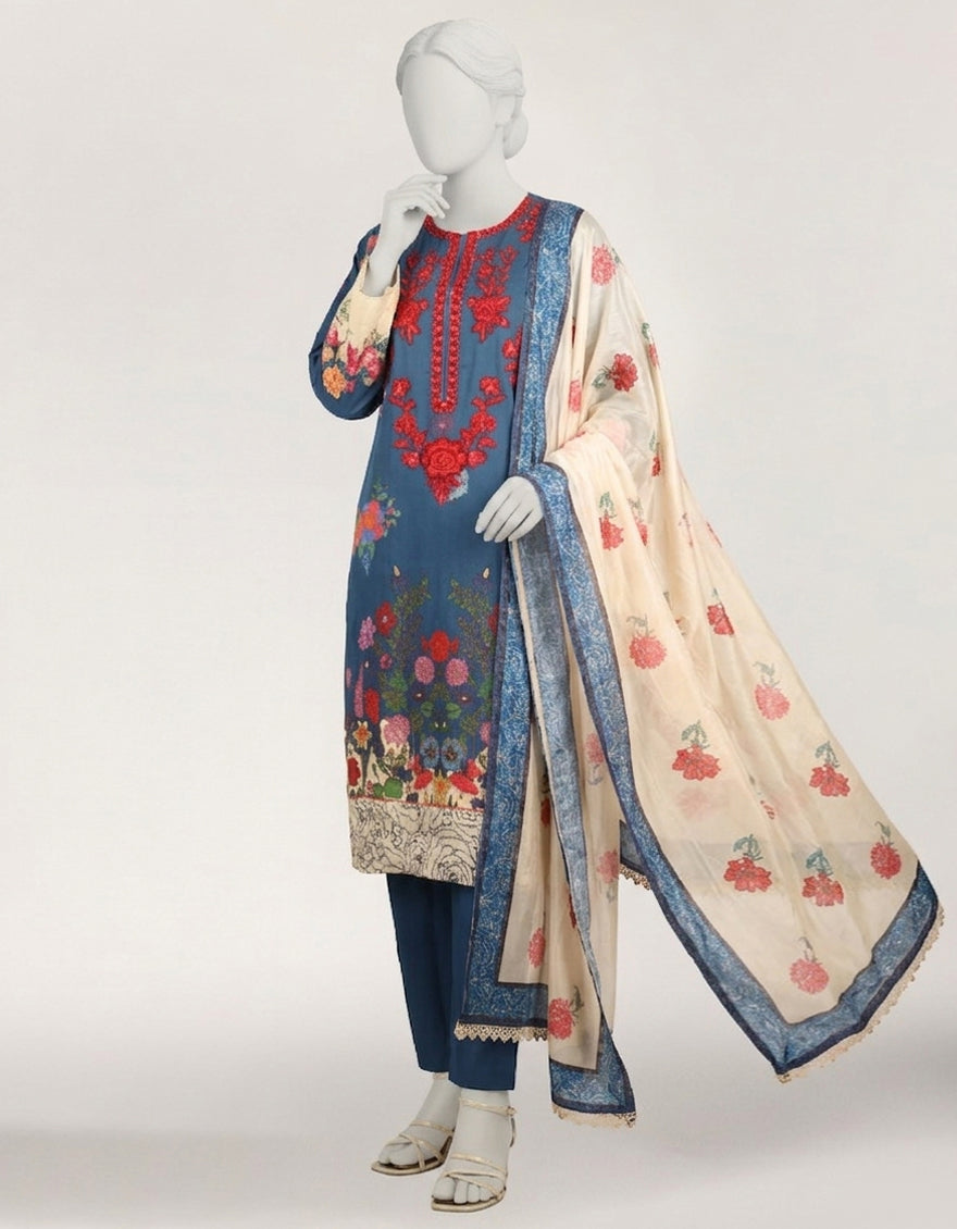 Lawn Blue Stitched Suit - J. Junaid Jamshed