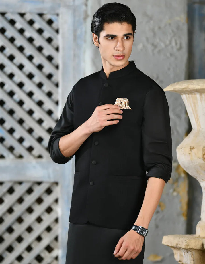 Suiting Black Waist Coat - J. Junaid Jamshed