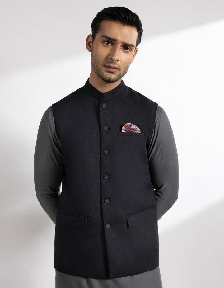 Suiting Navy Blue Waist Coat - J. Junaid Jamshed