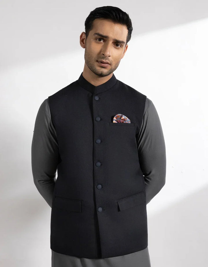 Blended Navy Blue Waist Coat - J. Junaid Jamshed