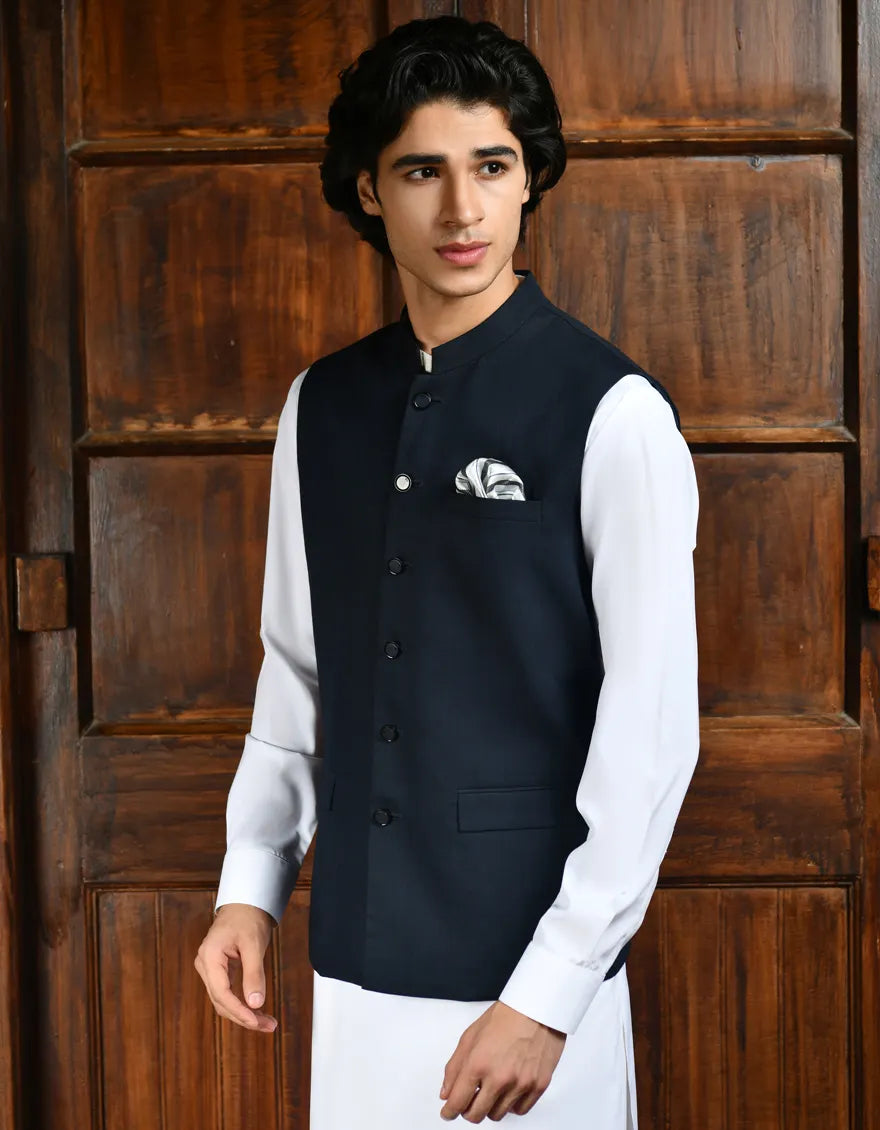 Blended Navy Blue Waist Coat - J. Junaid Jamshed