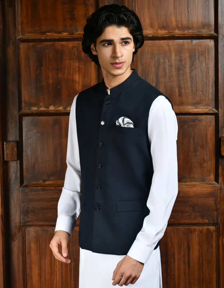 Blended Navy Blue Waist Coat - J. Junaid Jamshed