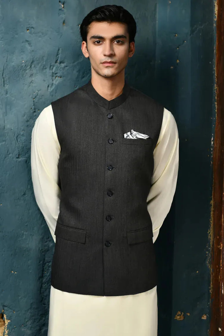 Suiting Charcoal Grey Waist Coat - J. Junaid Jamshed