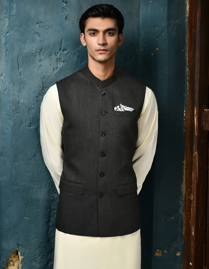 Blended Dark Grey Waist Coat - J. Junaid Jamshed
