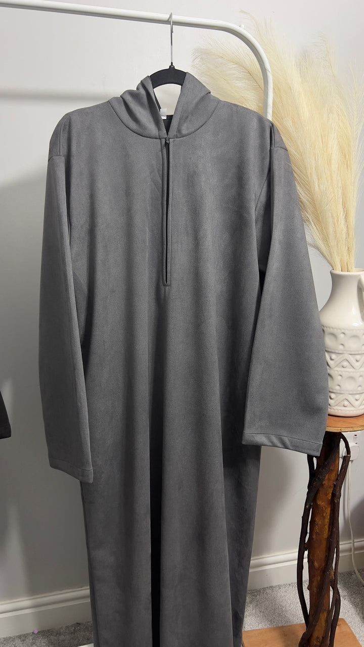 Premium Hooded Suede Grey Thobe - Jiah