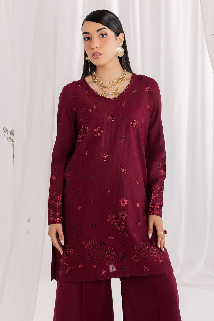 Embroidered Dorya Lawn Maroon Stitched Suit - Nureh