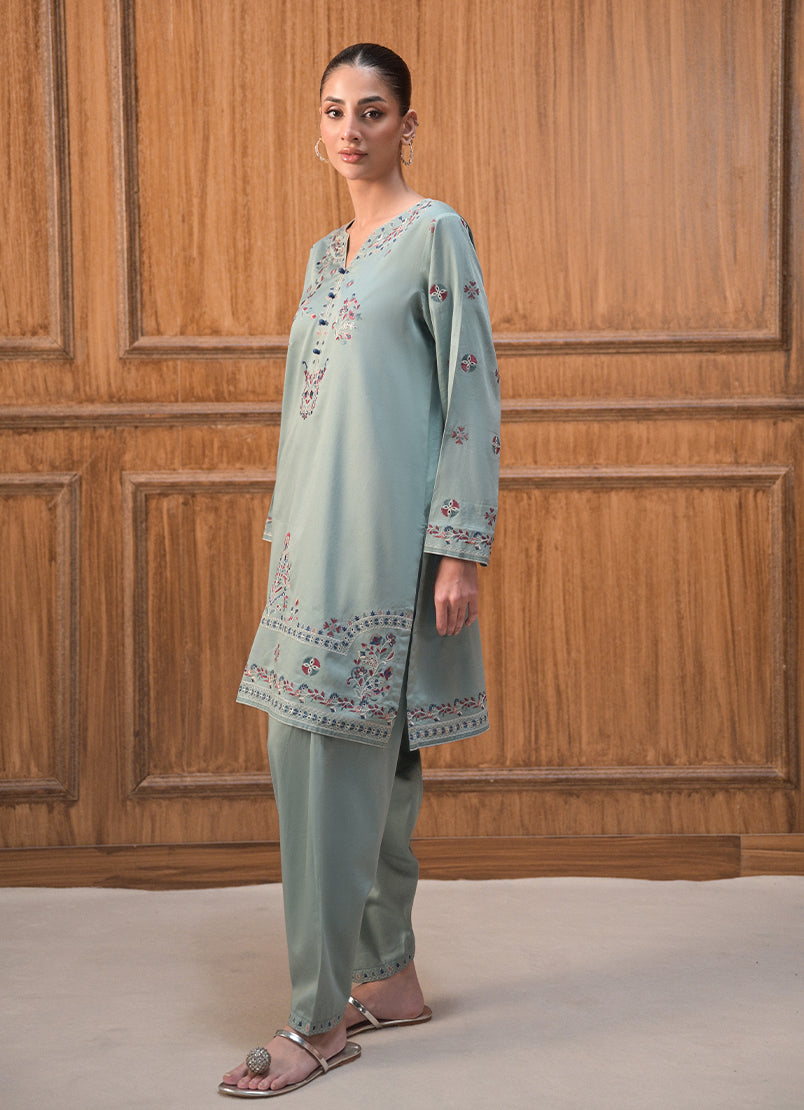 Cotton Satin Sea Foam Stitched Suit - Image