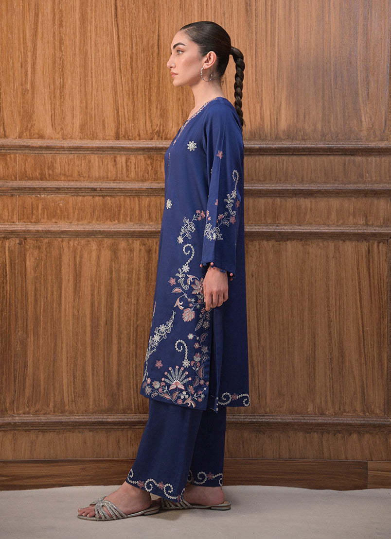 Cotton Satin Blue Stitched Suit - Image
