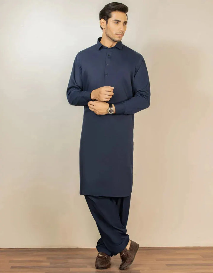 Blended Navy Blue Shalwar Kameez  - J. Junaid Jamshed