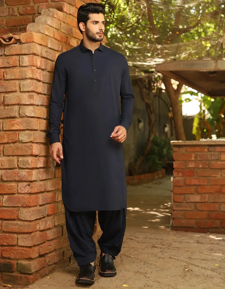 Blended Navy Blue Shalwar Kameez - J. Junaid Jamshed