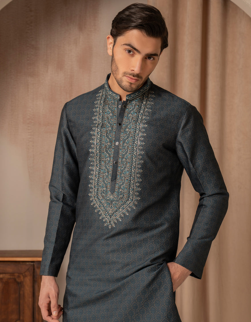 Blended Teal Blue Special Kurta - J. Junaid Jamshed