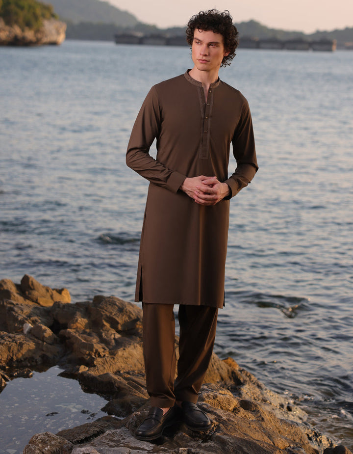 Blended Brown Kurta Trouser - J. Junaid Jamshed
