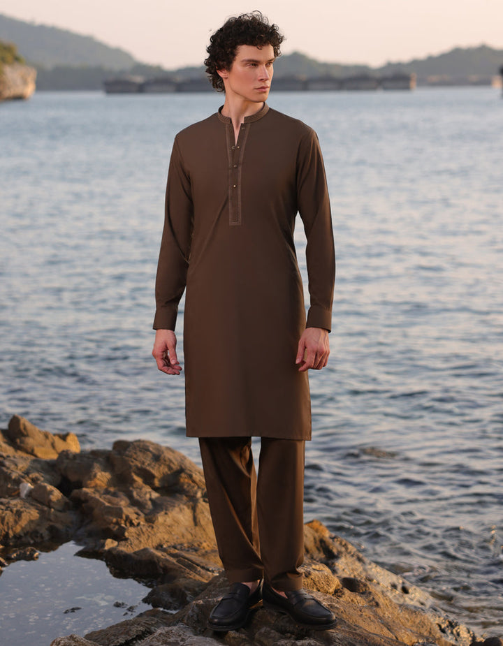 Blended Brown Kurta Trouser - J. Junaid Jamshed