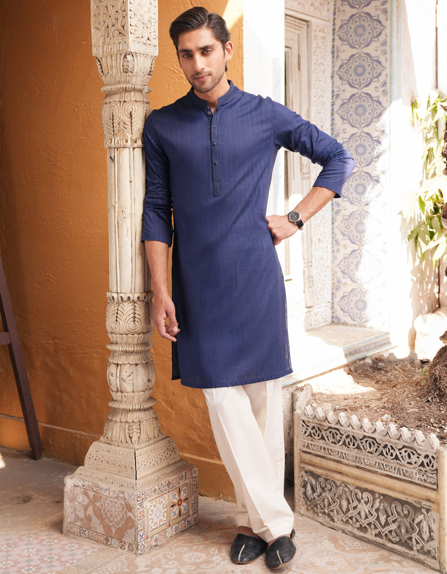 Cotton Blue Kurta - J. Junaid Jamshed