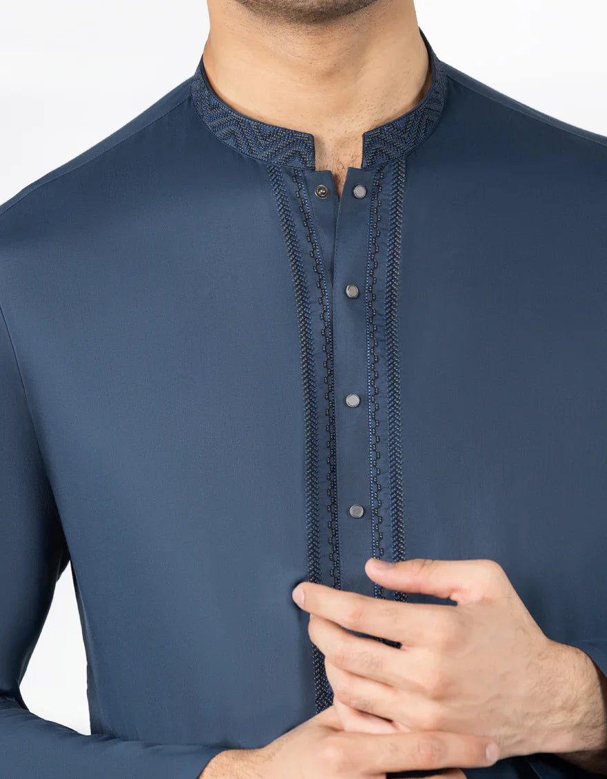 Blended Prussian Blue Kurta Trouser - J. Junaid Jamshed