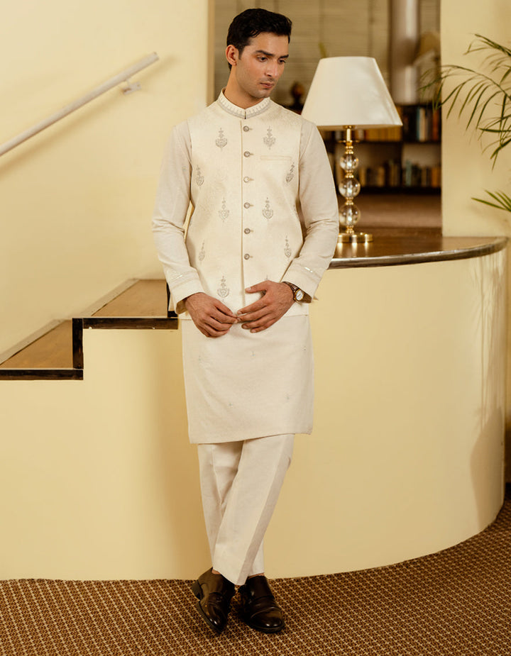 Polyester Cream Waist Coat - J. Junaid Jamshed