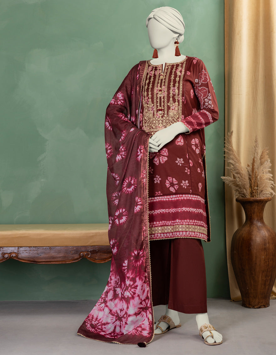 Lawn Maroon Unstitched Suit - J. Junaid Jamshed