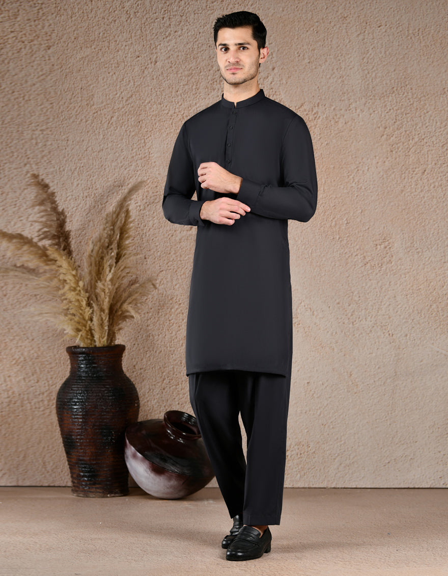 Blended Black Unstitched Suit - J. Junaid Jamshed